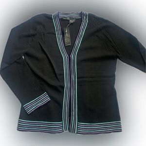ONQUE CLASSICS Black swing cardigan sweater with purple and aqua blue detail
